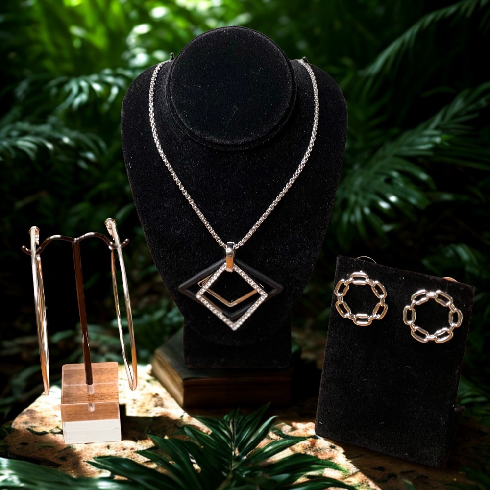 New Women's Jewelry Items (2-Earrings, 1-Necklace) - Silver/Black